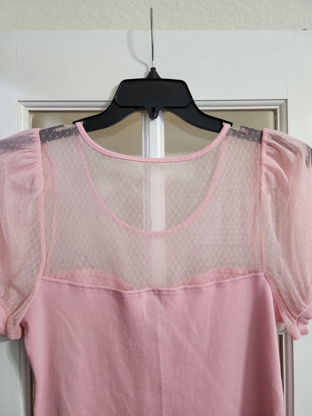 Maeve Anthropologie XL Pink Ribbed Mesh Puff Sleeve Swiss Dot Top - Picture 7 of 10